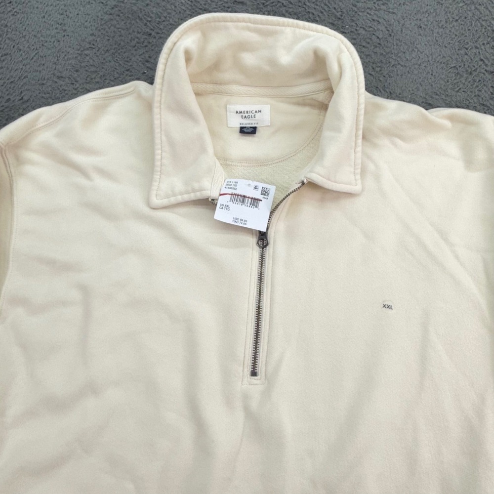 American Eagle Quarter Zip Sweatshirt Mens XXL Cream Relaxed Fit Pullover 1186